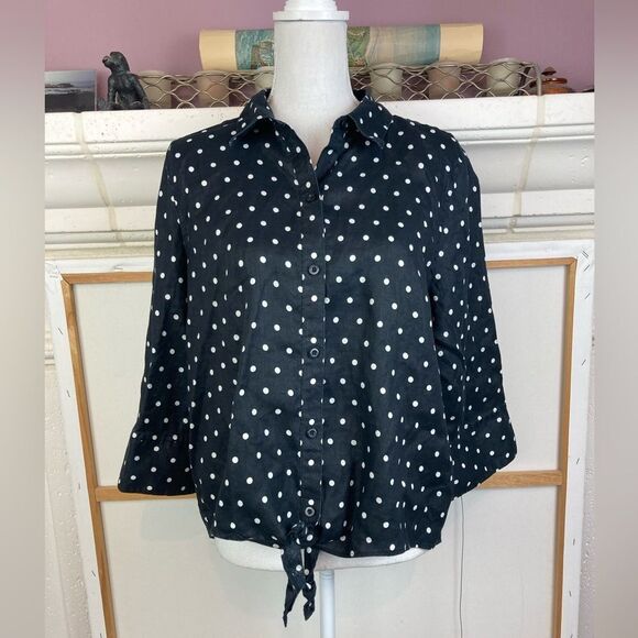 Chicos No Iron Linen Polka Dot Button-Up Shirt hi lo ties at waist (2) - Picture 1 of 12